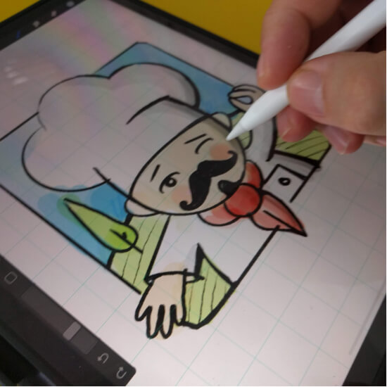 PizzaLand logo design with playful character illustrations.