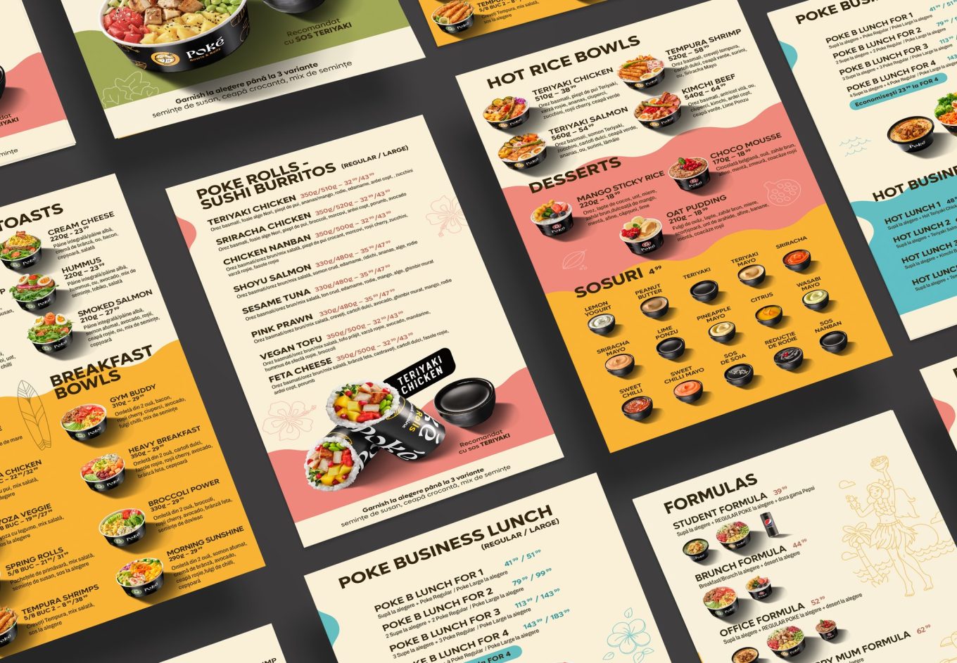 Menu design for Poké restaurant showcasing fresh ingredients.