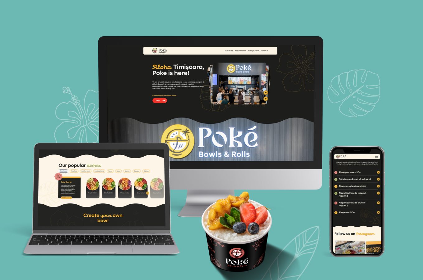 Poké website homepage highlighting colorful dishes and online ordering.