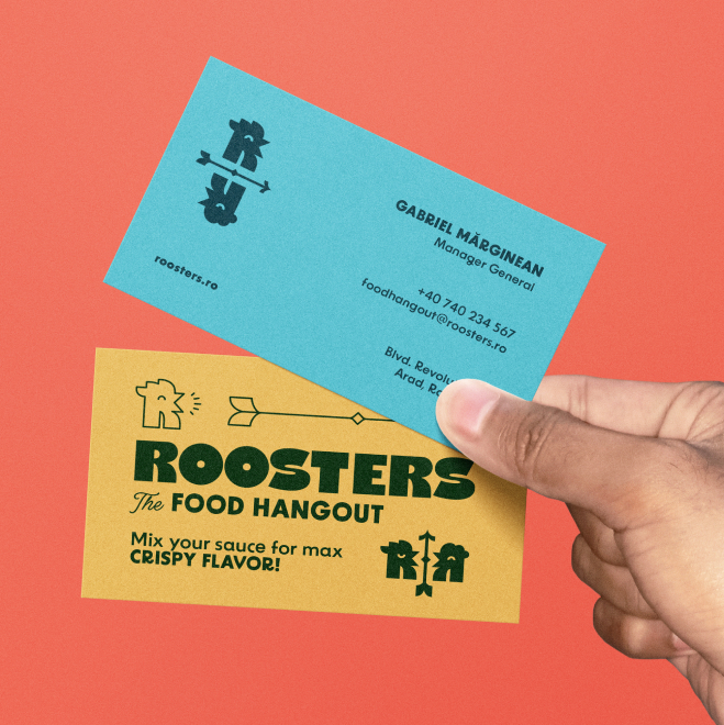 Aplicarea identității vizuale Roosters pe materiale tipărite și elemente de restaurant