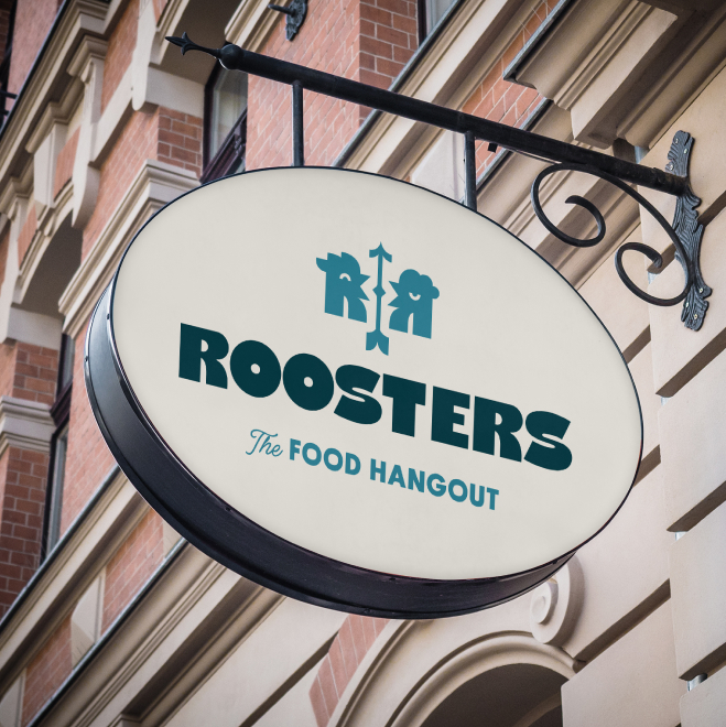 Semnalistică și elemente de branding exterior pentru restaurantul Roosters