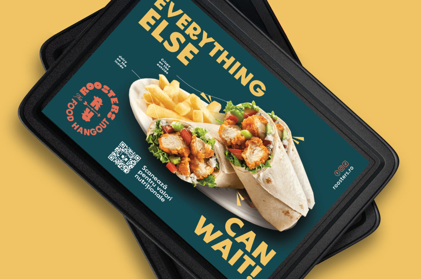 Aplicarea identității vizuale Roosters pe materiale tipărite și elemente de restaurant