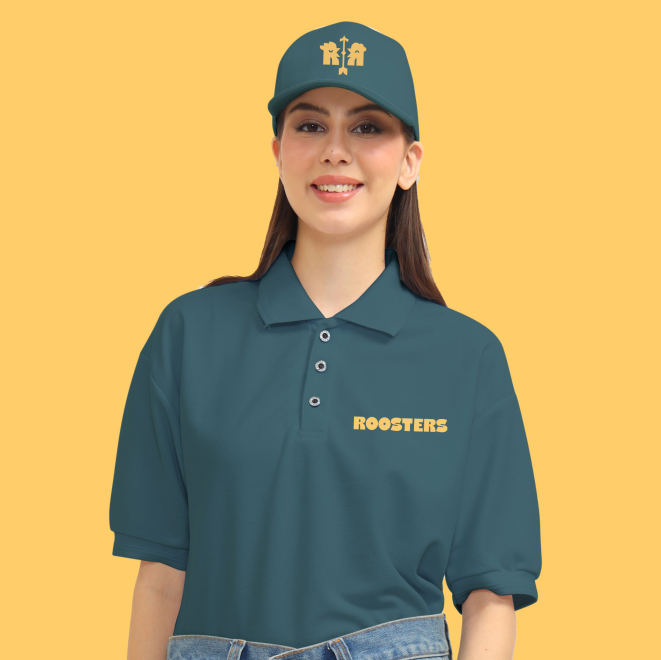 Aplicarea identității vizuale Roosters pe materiale tipărite și elemente de restaurant