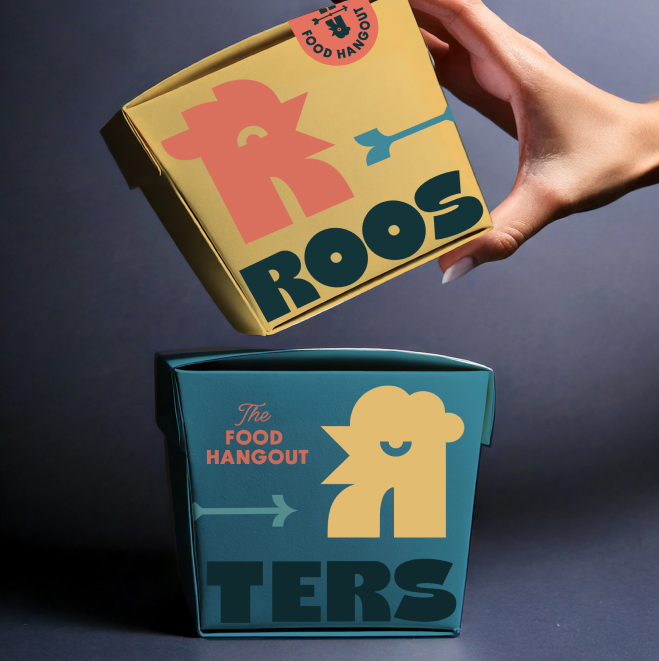 Packaging personalizat pentru brandul Roosters, inclusiv cutii, pungi și hârtie de ambalaj