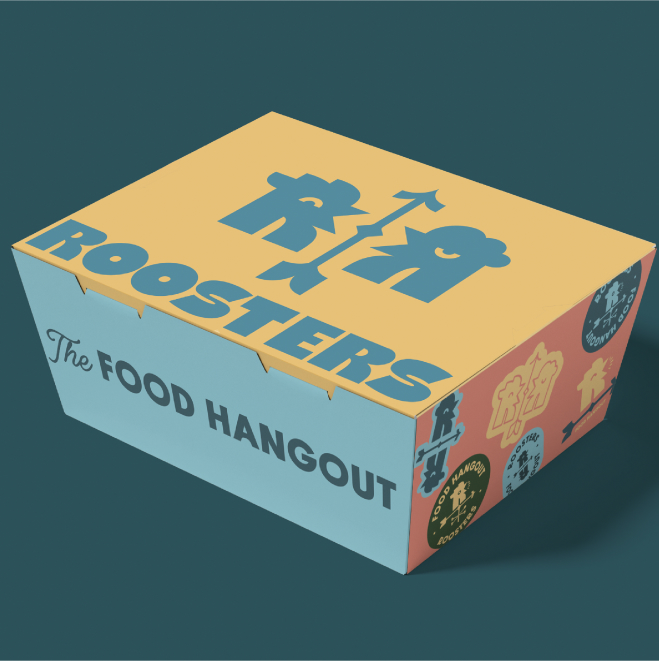 Packaging personalizat pentru brandul Roosters, inclusiv cutii, pungi și hârtie de ambalaj