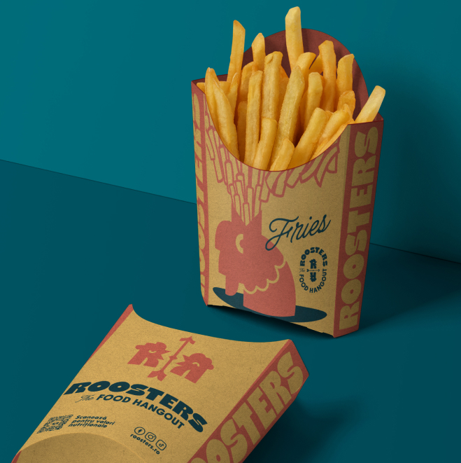 Packaging personalizat pentru brandul Roosters, inclusiv cutii, pungi și hârtie de ambalaj