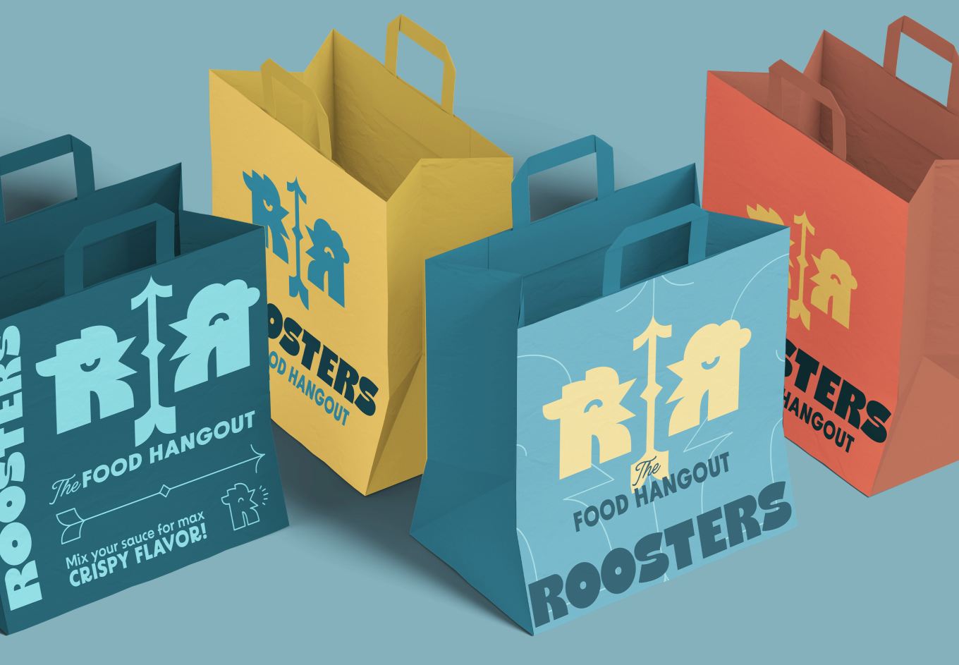 Packaging personalizat pentru brandul Roosters, inclusiv cutii, pungi și hârtie de ambalaj